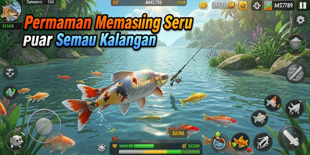 Screenshot utama AMS789 menampilkan keseruan gameplay memancing di laut.