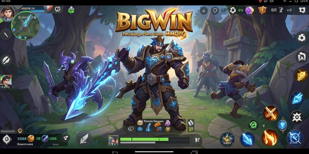 Screenshot utama BIGWIN menunjukkan aksi seru pertempuran MMORPG yang intens.