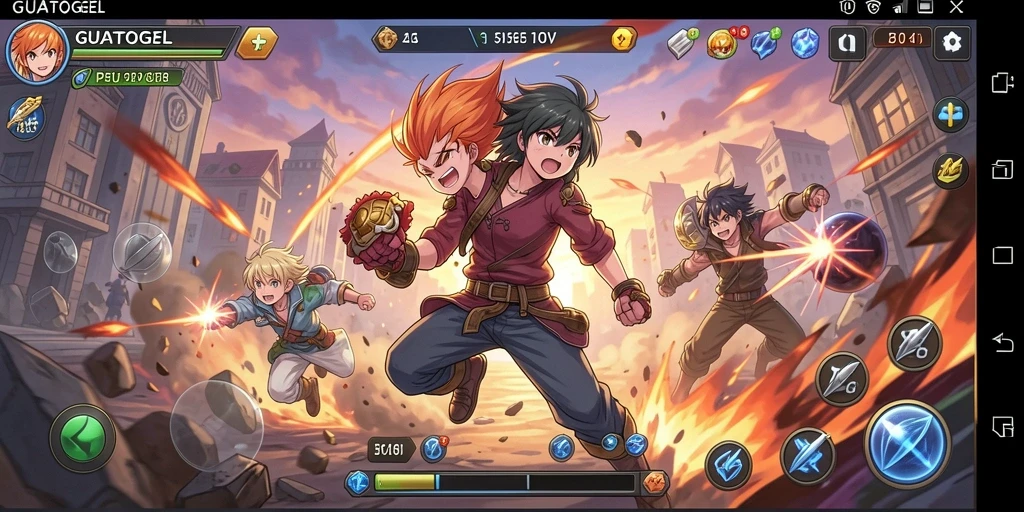 Screenshot gameplay GUATOGEL dengan aksi karakter anime yang dinamis.
