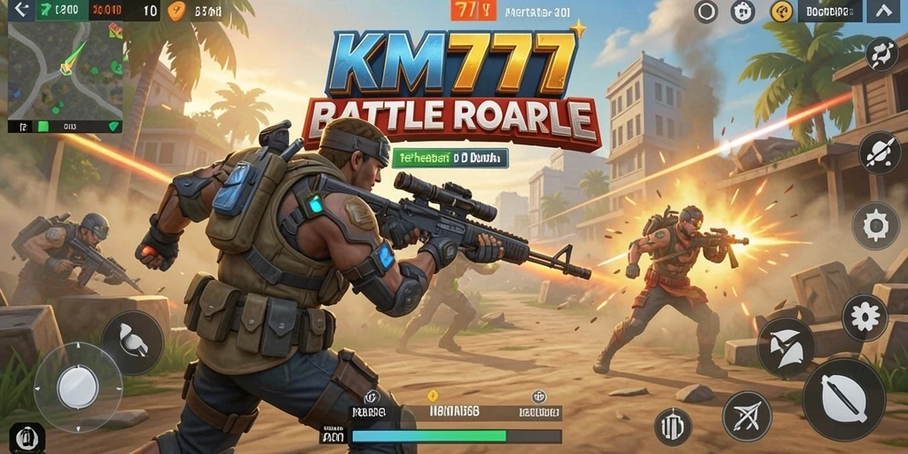 Screenshot gameplay KM777 menampilkan aksion Battle Royale yang mendebarkan.