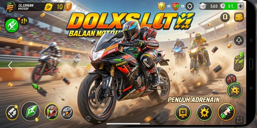 Gameplay <strong>OLXSLOT</strong> menunjukkan momen seru balapan motor.